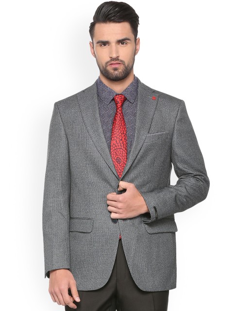 

Peter England Grey Woven-Design Formal Single-Breasted blazer