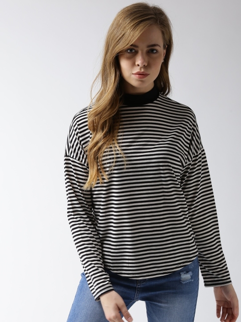 

FOREVER 21 Women Black & Off-White Striped Boxy Top