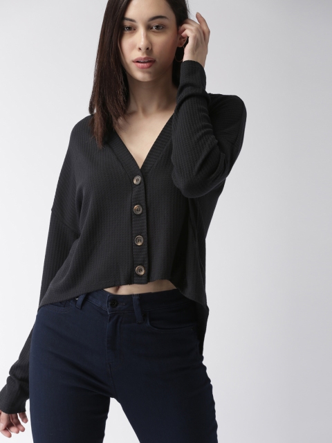 

FOREVER 21 Women Black Self Design Cropped High-Low Top