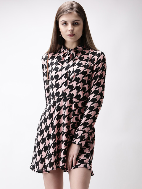 

FOREVER 21 Women Pink & Black Printed Fit & Flare Dress
