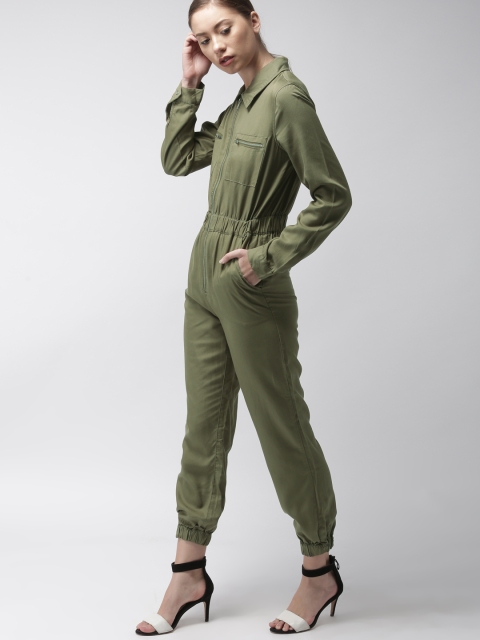 

FOREVER 21 Olive Green Solid Basic Jumpsuit