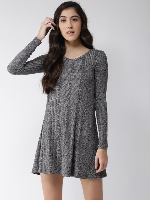 

FOREVER 21 Women Grey Melange Self Striped A-Line Mini Dress