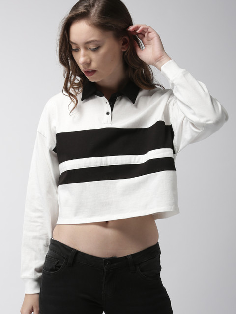 

FOREVER 21 Women Off-White & Black Coloublocked Cropped T-shirt
