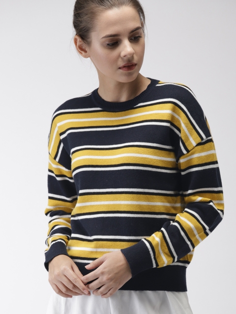 

FOREVER 21 Women Navy Blue & Yellow Striped Pullover