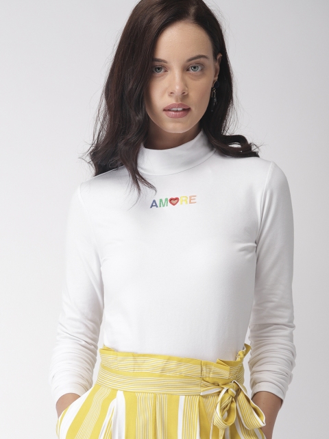 

FOREVER 21 Women White Solid High Neck Cropped T-shirt
