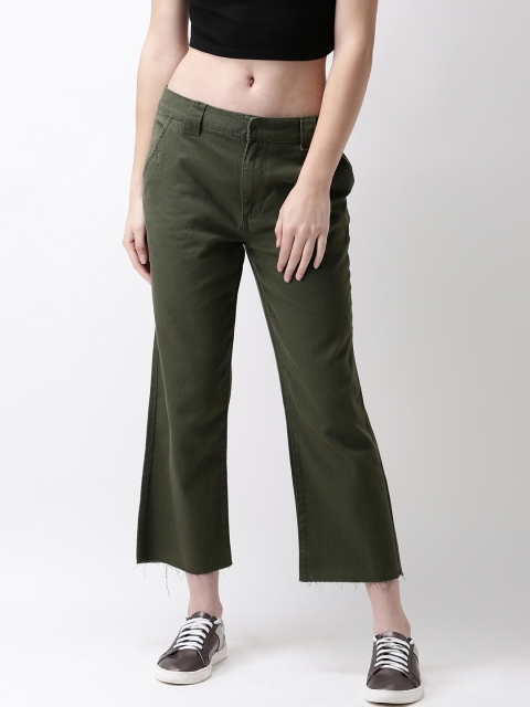 

FOREVER 21 Women Olive Green Solid Regular Fit Cropped Regular Trousers