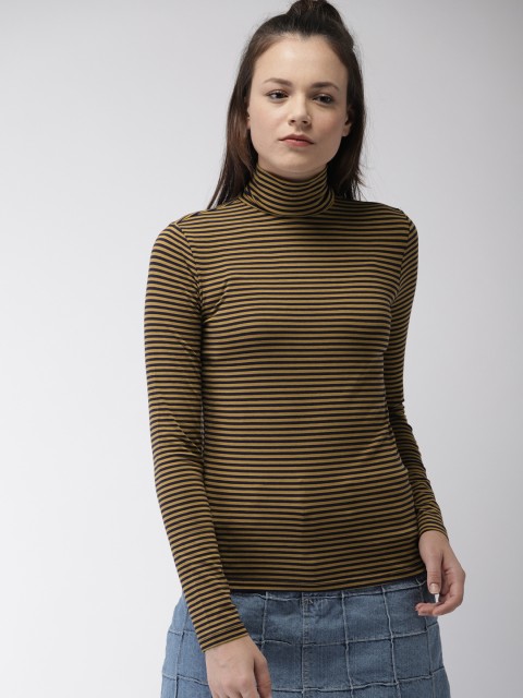

FOREVER 21 Women Mustard Striped Fitted Top