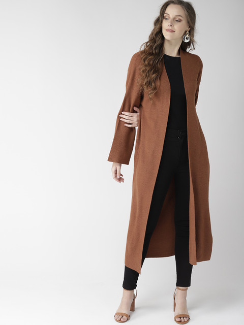 

FOREVER 21 Women Brown Solid Longline Front Open Sweater