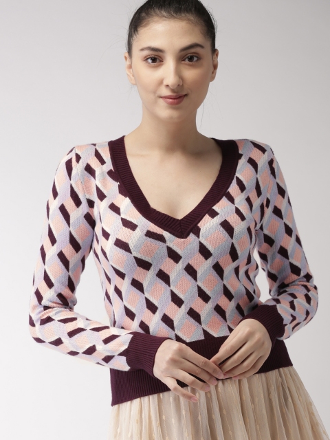 

FOREVER 21 Women PInk & Black Printed Pullover Sweater