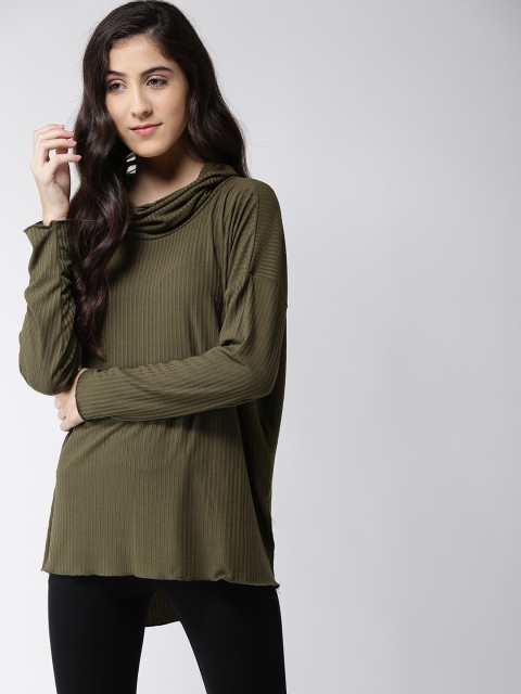 

FOREVER 21 Women Olive Green Self-Striped Top