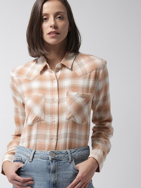 

FOREVER 21 Women Brown & Cream-Coloured Regular Fit Checked Casual Shirt