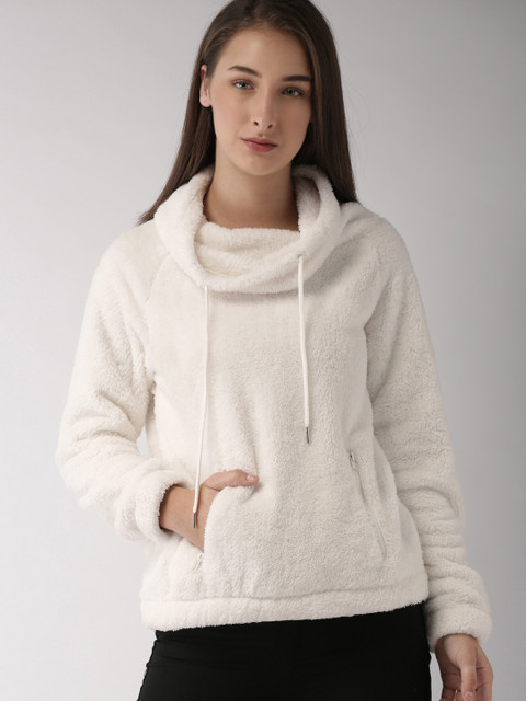 

FOREVER 21 Women White Solid Turtle Neck Sweatshirt