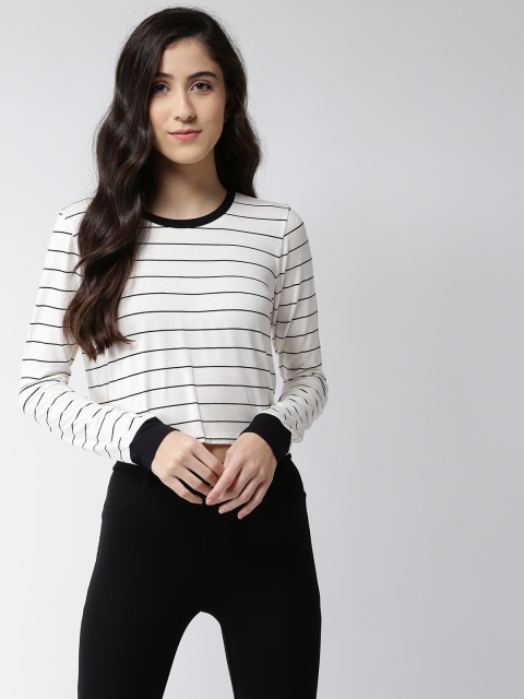 

FOREVER 21 Women Off-White & Black Striped Round Neck Cropped T-shirt