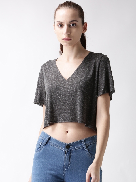 

FOREVER 21 Women Charcoal Grey Solid Cropped Regular Top