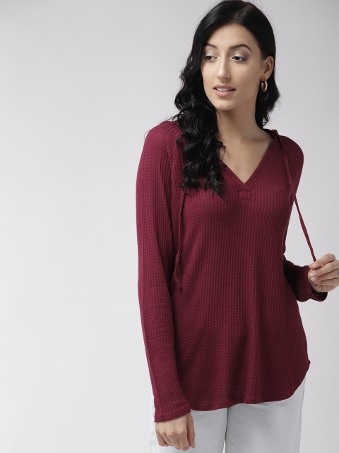 

FOREVER 21 Women Burgundy Self Design Hooded Top