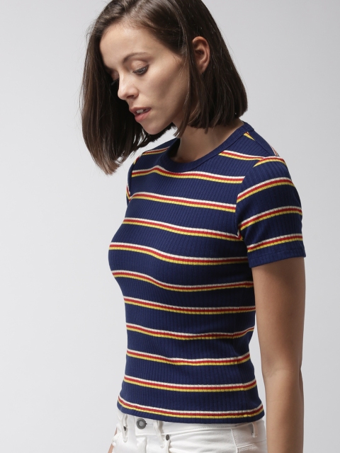 

FOREVER 21 Women Navy Blue & Yellow Striped T-shirt