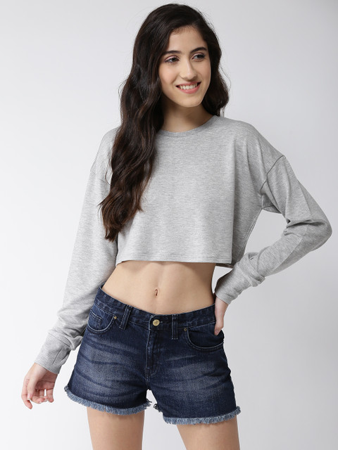 

FOREVER 21 Women Grey Melange Solid Crop Top