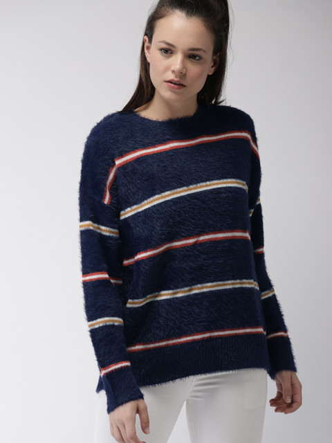 

FOREVER 21 Women Navy Blue & White Striped Pullover