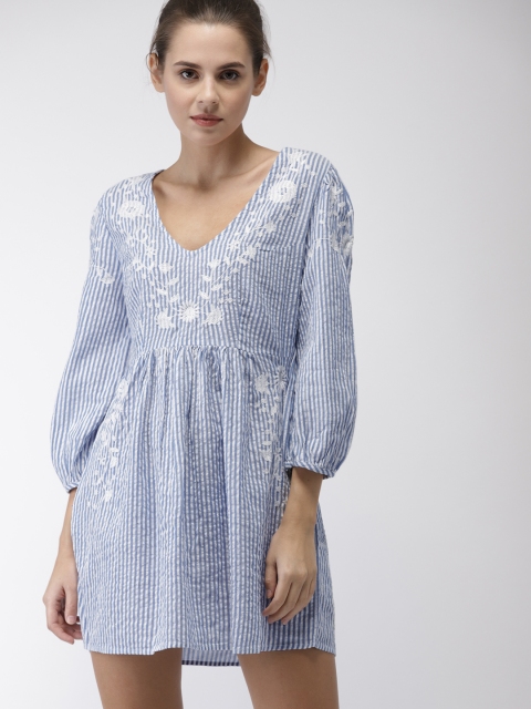 

FOREVER 21 Women Blue Striped A-Line Dress