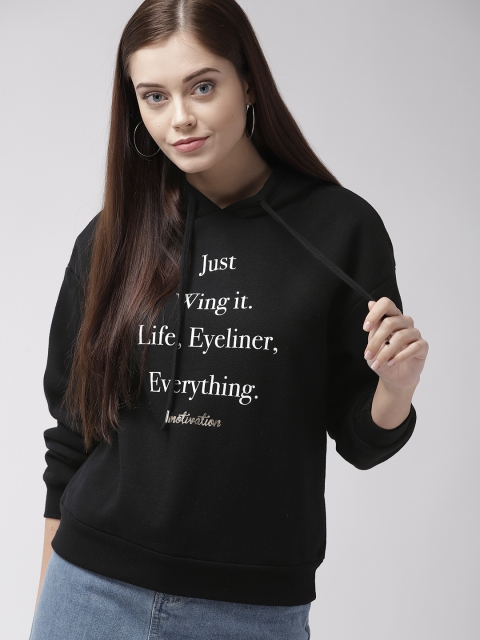 

FOREVER 21 Women Black & White Printed Hooded Sweatshirt