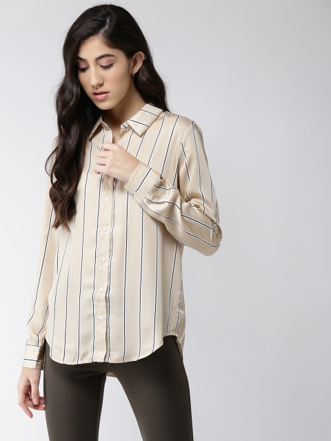 

FOREVER 21 Women Beige & Black Regular Fit Striped Casual Shirt