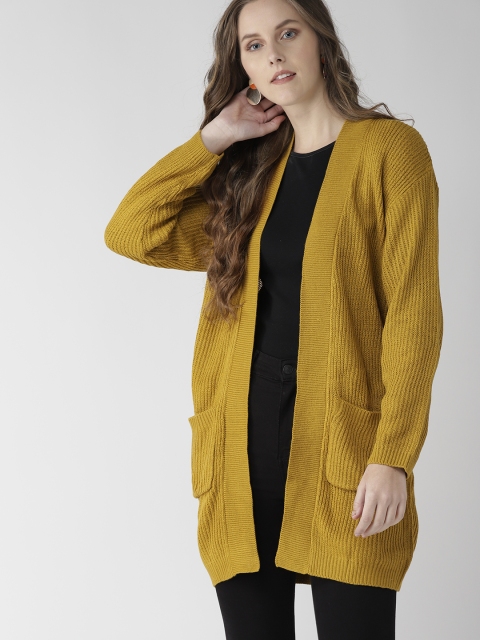 

FOREVER 21 Women Mustard Yellow Solid Open Front Longline Sweater