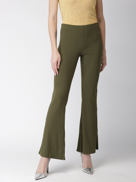 

FOREVER 21 Women Olive Green Regular Fit Self Design Bootcut Trousers