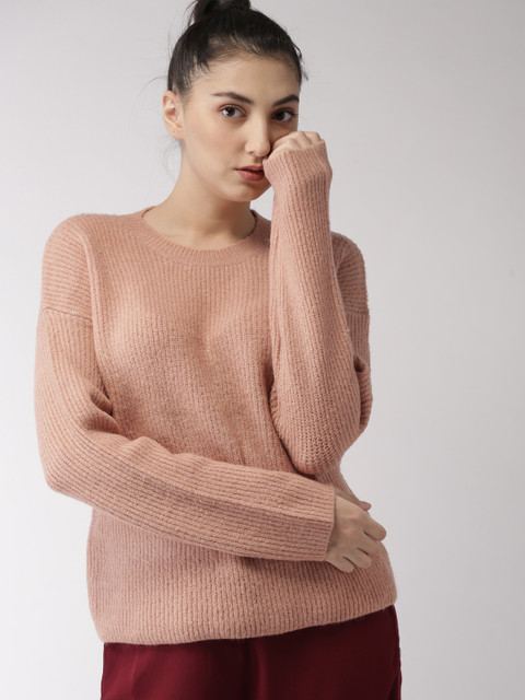 

FOREVER 21 Women Peach-Coloured Solid Pullover Sweater