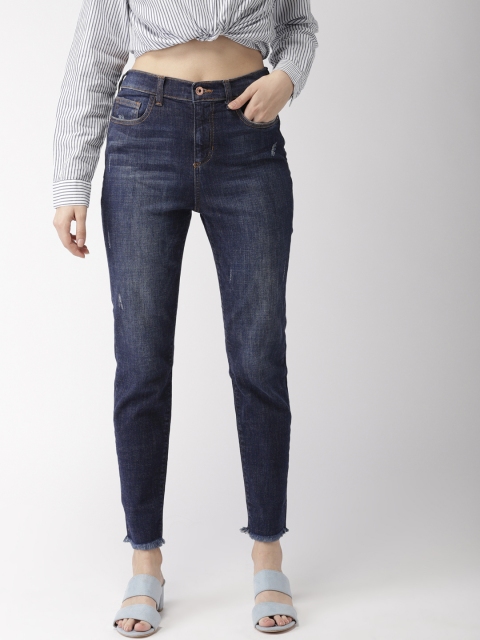 

FOREVER 21 Women Blue Regular Fit Mid-Rise Mildly Distressed Stretchable Cropped Jeans