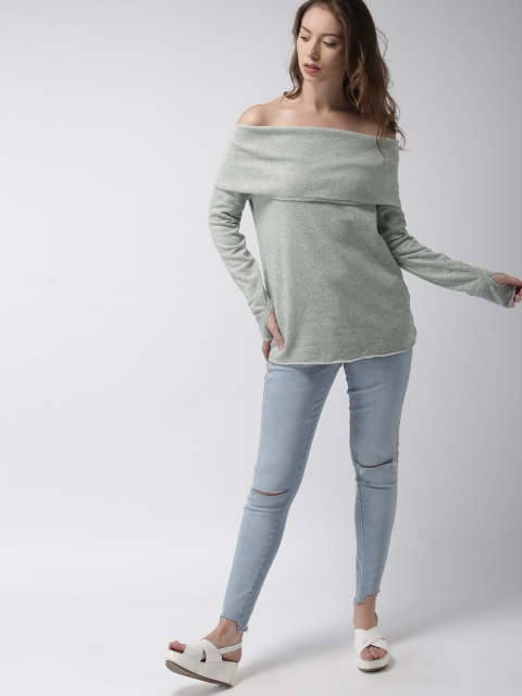 

FOREVER 21 Women Grey Solid Bardot pullover, Grey melange