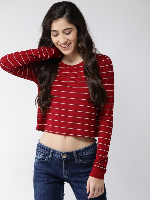

FOREVER 21 Women Maroon Striped Crop Top