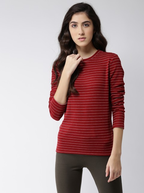 

FOREVER 21 Women Burgundy Striped Round Neck T-shirt