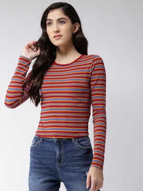 

FOREVER 21 Women Maroon & Blue Striped Fitted Top