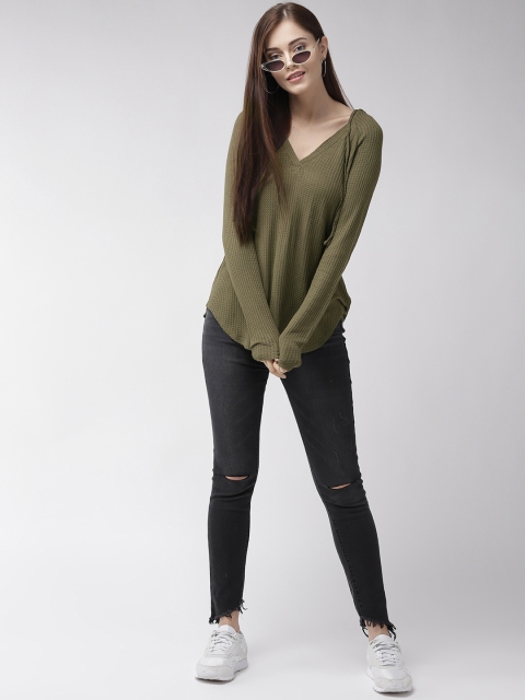 

FOREVER 21 Women Olive Green Self Design Hooded Top