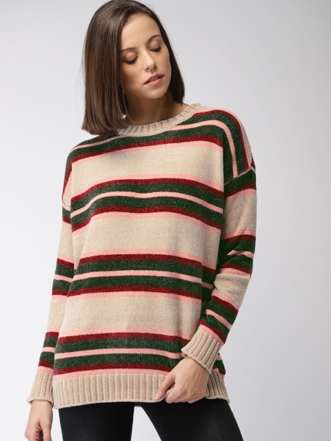 

FOREVER 21 Women Beige & Green Striped Pullover Sweater