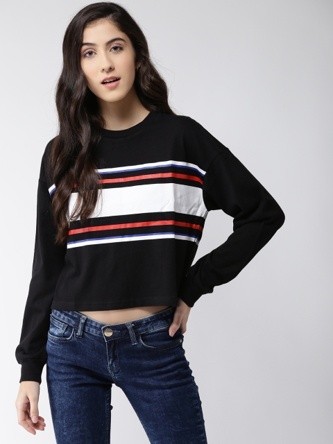 

FOREVER 21 Women Black & White Striped Round Neck Boxy Crop T-shirt