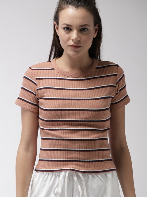 

FOREVER 21 Women Peach & White Striped Round Neck T-shirt