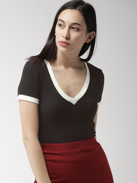 

FOREVER 21 Women Black Self-Striped Top