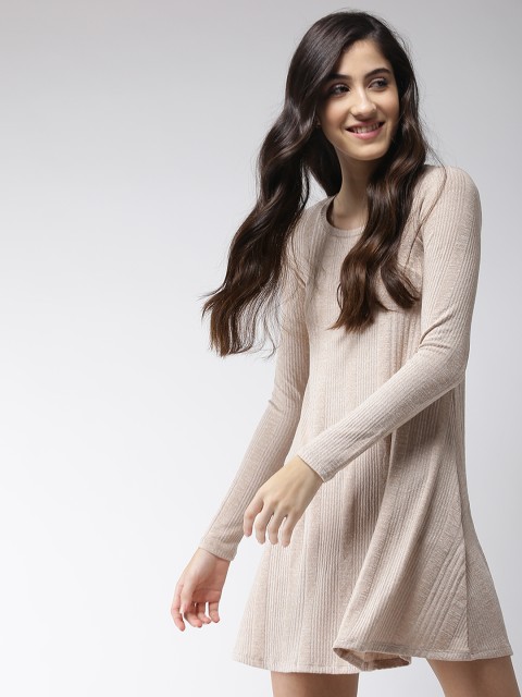 

FOREVER 21 Women Beige Self-Striped A-Line Dress