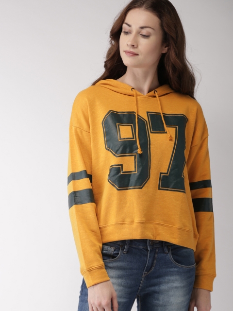 

FOREVER 21 Women Yellow Printed Hooded Sweatshirt