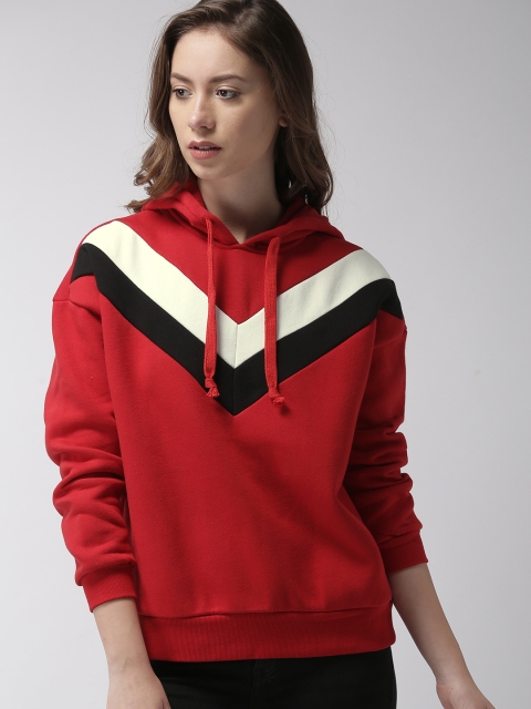 

FOREVER 21 Women Red & White Solid Hooded Sweatshirt