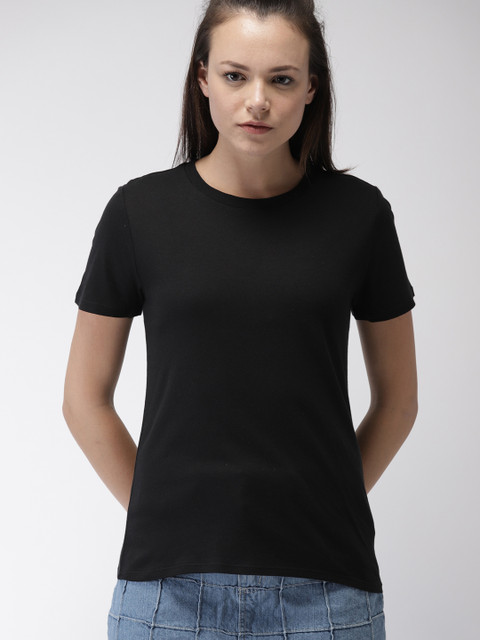 

FOREVER 21 Women Black Solid Round Neck T-shirt