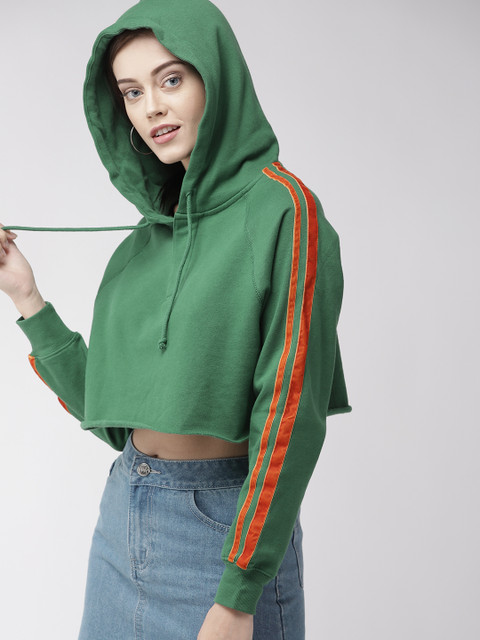 

FOREVER 21 Women Green Solid Hooded Crop Sweatshirt