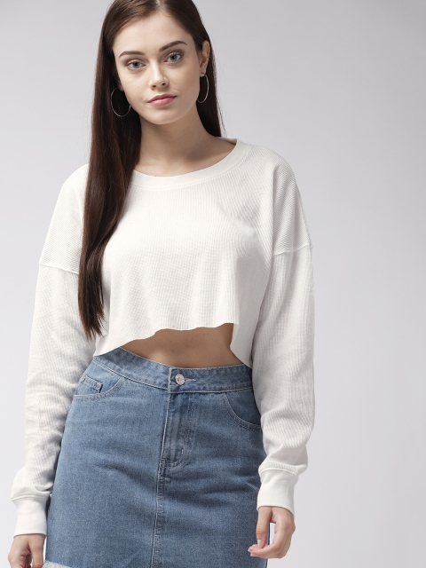 

FOREVER 21 Women White Self Design Crop T-Shirt