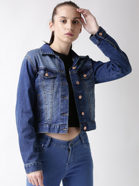

FOREVER 21 Women Blue Solid Denim Cropped Jacket