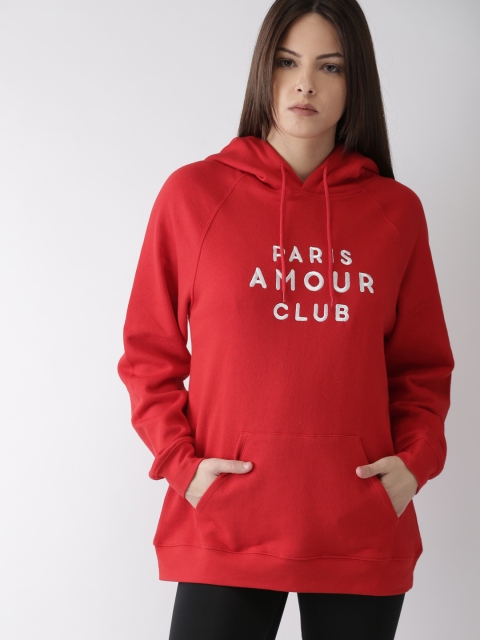 

FOREVER 21 Women Red Solid Hooded Longline Sweatshirt