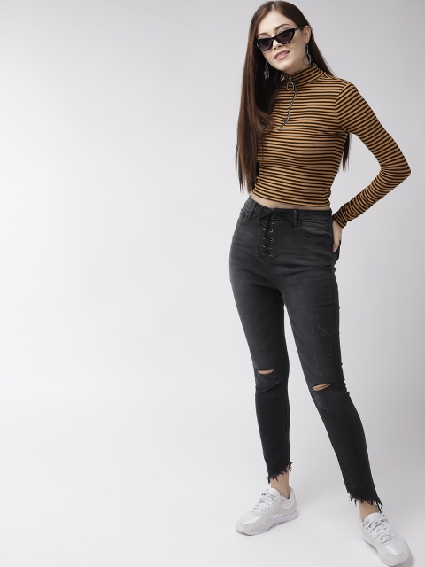 

FOREVER 21 Women Mustard Brown & Black Striped Fitted Top
