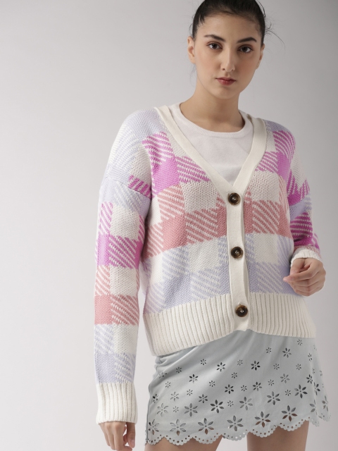 

FOREVER 21 Women Cream-Coloured & Blue Self Design Cardigan