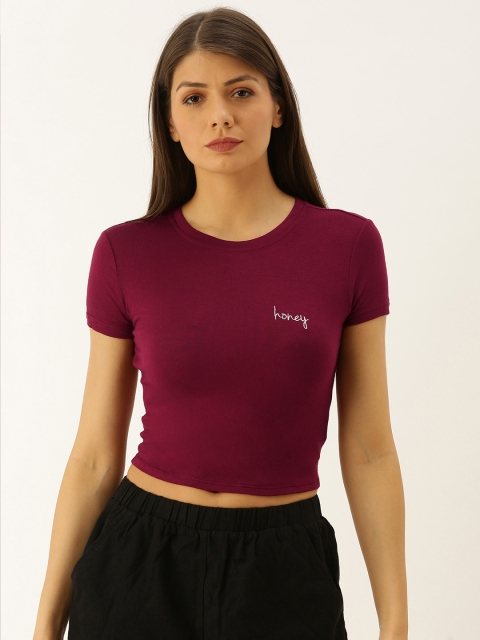 

FOREVER 21 Women Burgundy Solid Round Neck T-shirt
