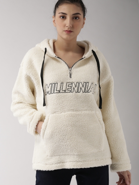 

FOREVER 21 Women Off White Solid Hooded Sweatshirt